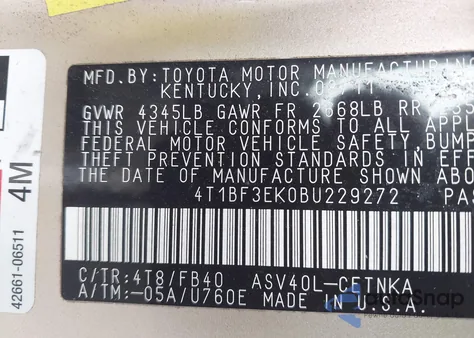 2011 Toyota Camry Le z USA, uszkodzony, nr VIN 4T1BF3EK0BU229272